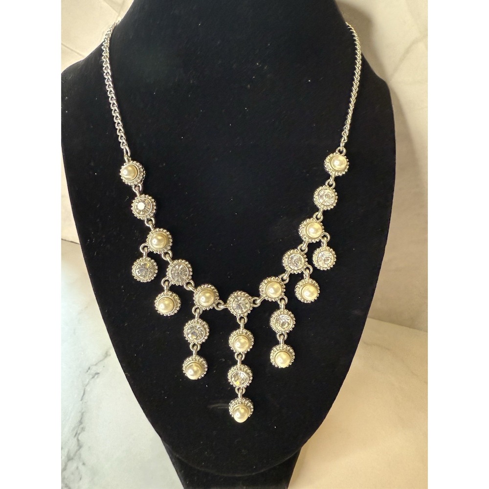 Fashion‎ Jewelry silver pearl and rhinestone beaded necklace bib style